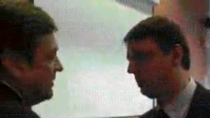 Zoran Jankovič and Tone Rop in a hot-mic moment, where Rop snaps at Janković, saying that if it weren't for him, Janković would never have become CEO of Mercator retail chain.